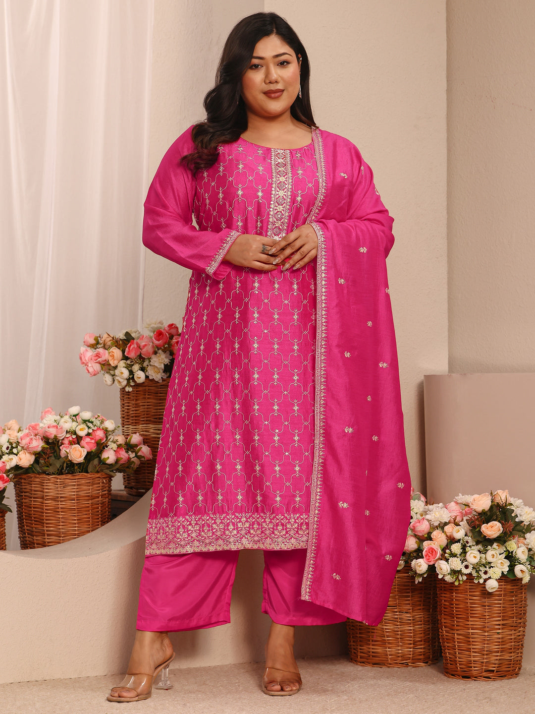  Plus Size Pink Embroidered Silk Blend Straight Suit Set With Dupatta 
