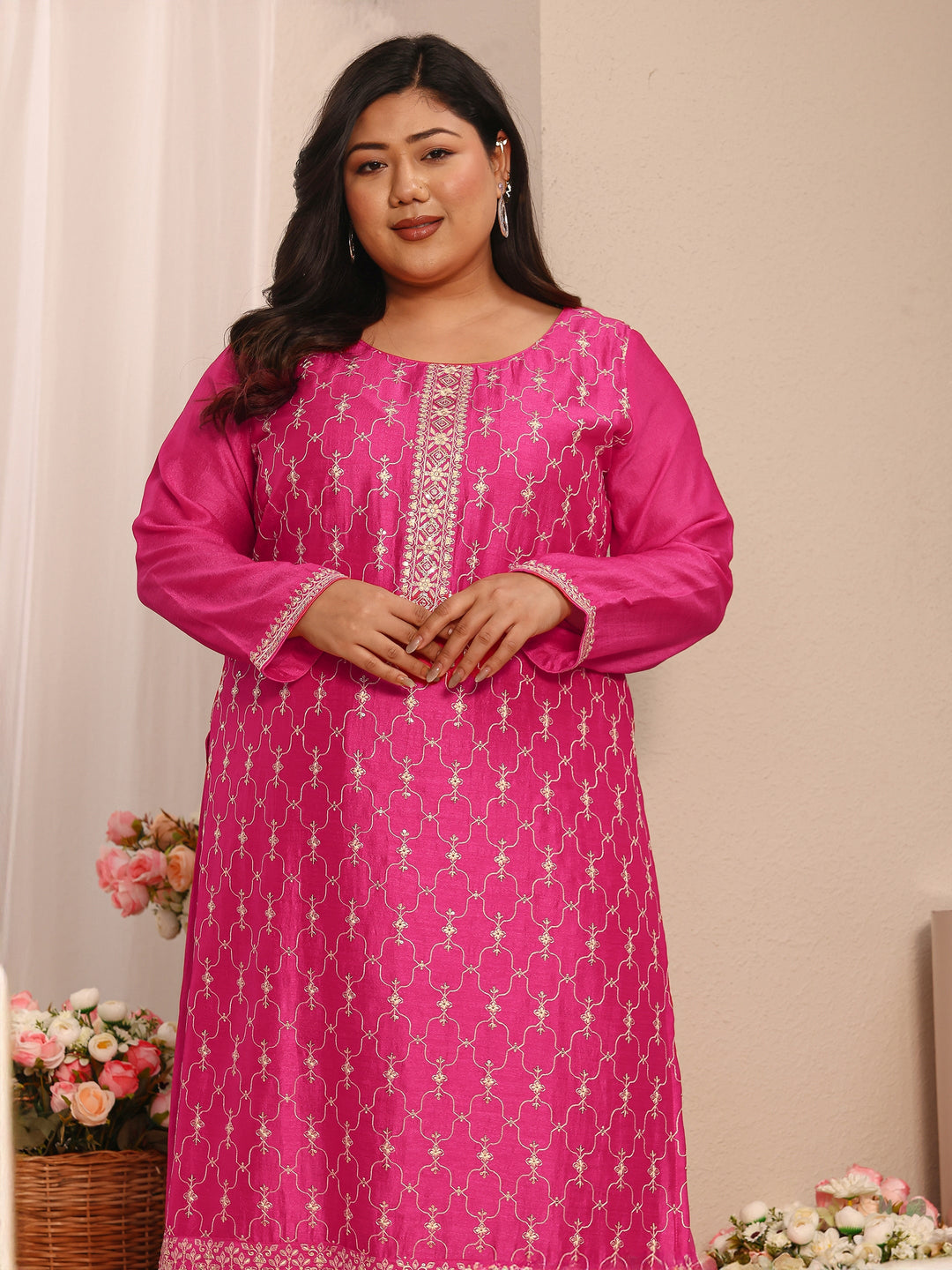  Plus Size Pink Embroidered Silk Blend Straight Suit Set With Dupatta 