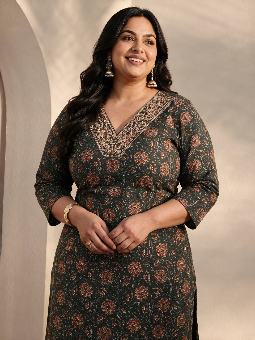  Plus Size Green Floral Printed Cotton Blend Straight Suits Set With Dupatta 