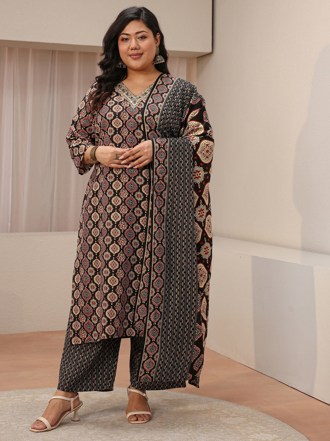  Plus Size Black Ajrakh Print Cotton Blend Straight Suit Set 