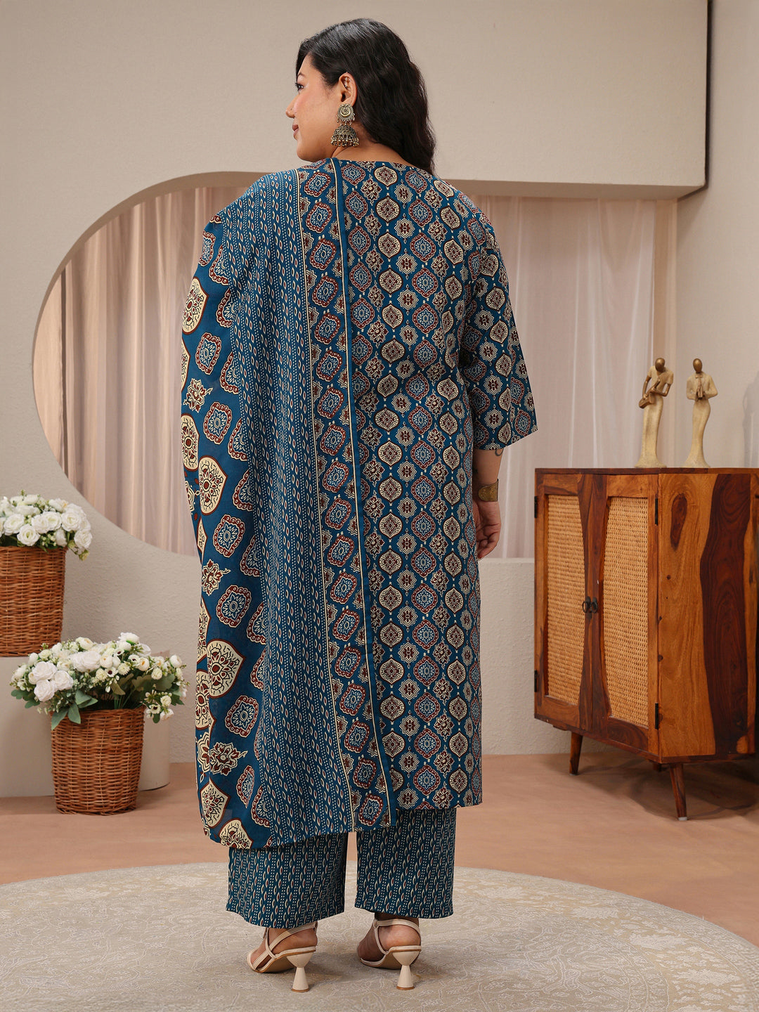  Plus Size Blue Ajrakh Print Cotton Blend Straight Suit Set 