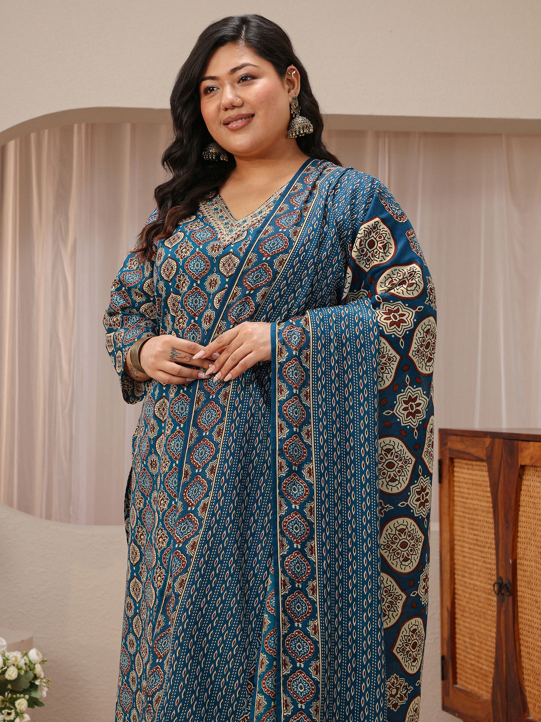  Plus Size Blue Ajrakh Print Cotton Blend Straight Suit Set 
