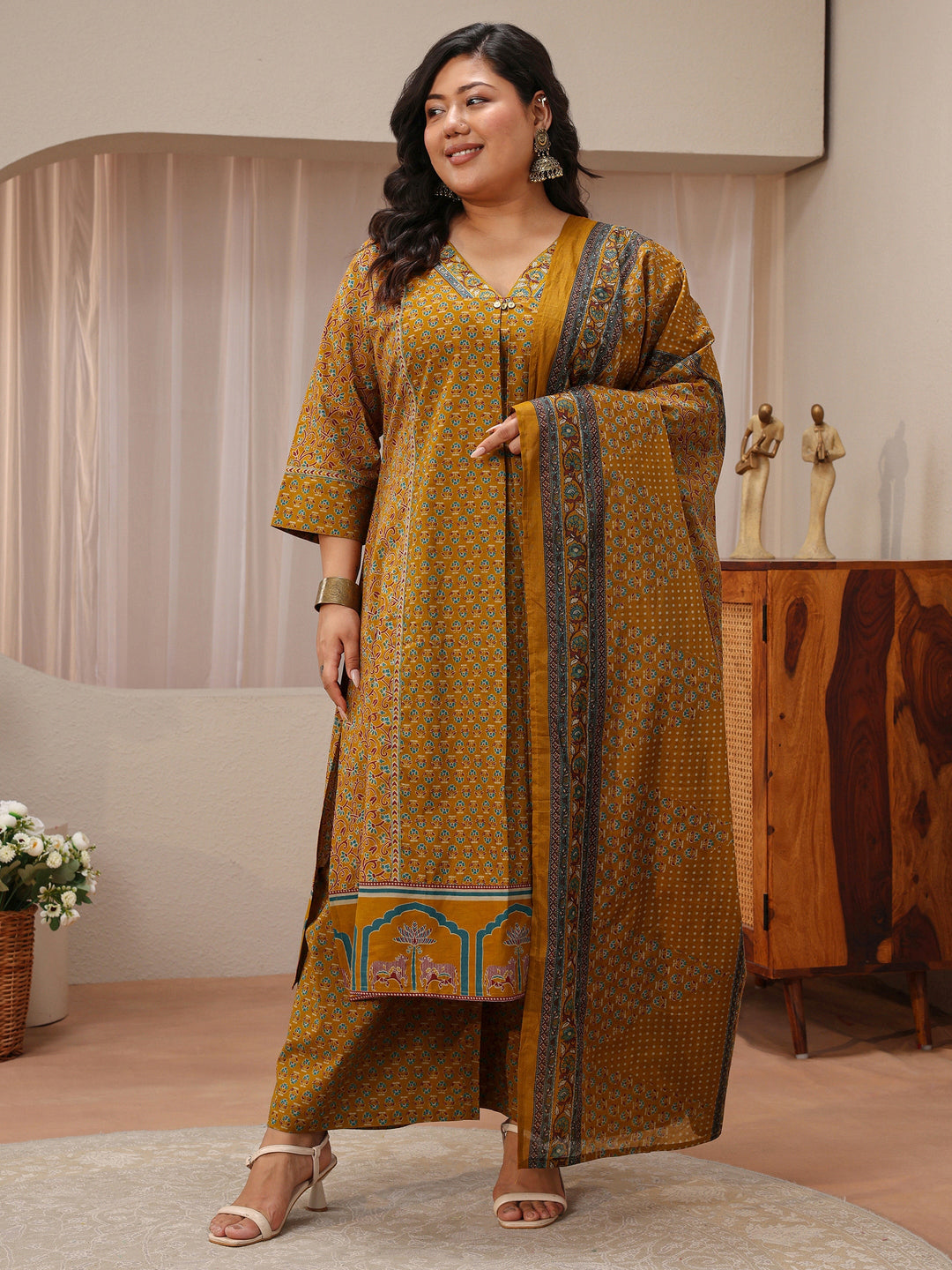  Plus Size Mustard Floral Printed Cotton A-Line Suit Set 