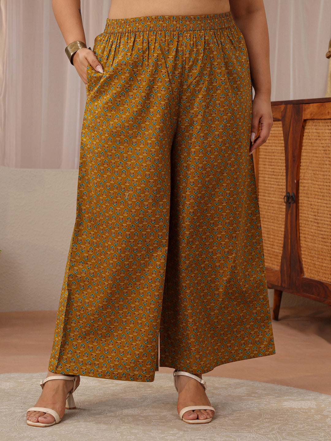  Plus Size Mustard Floral Printed Cotton A-Line Suit Set 