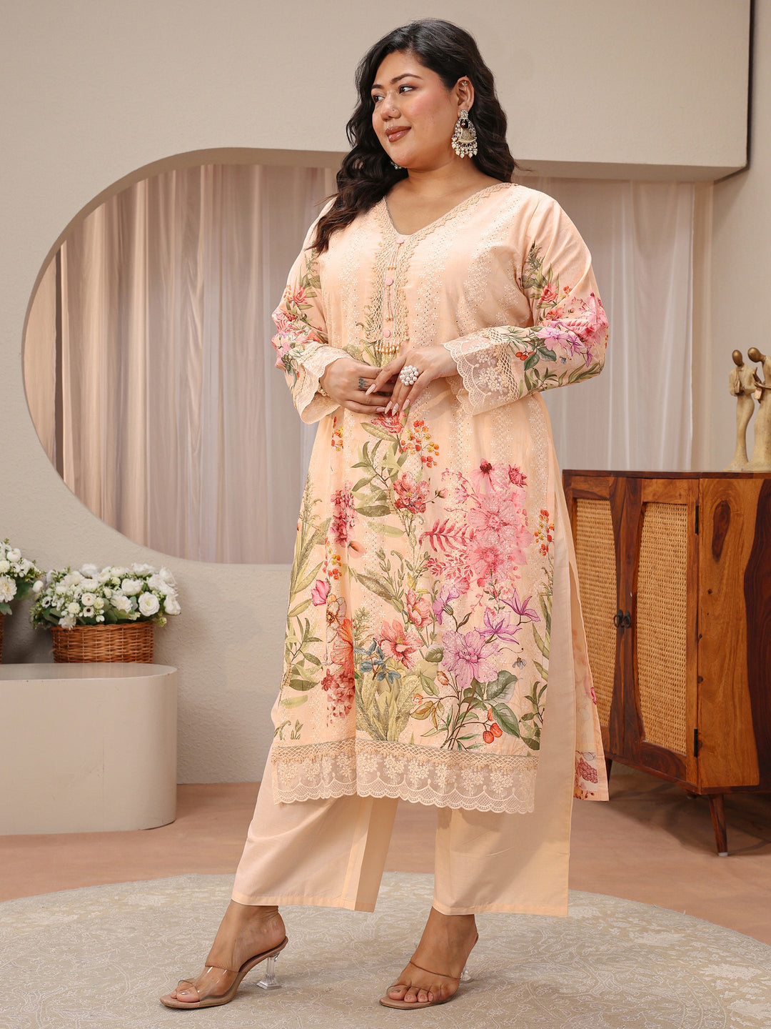  Plus Size Blush Peach Floral Print Cotton Straight Suit Set 