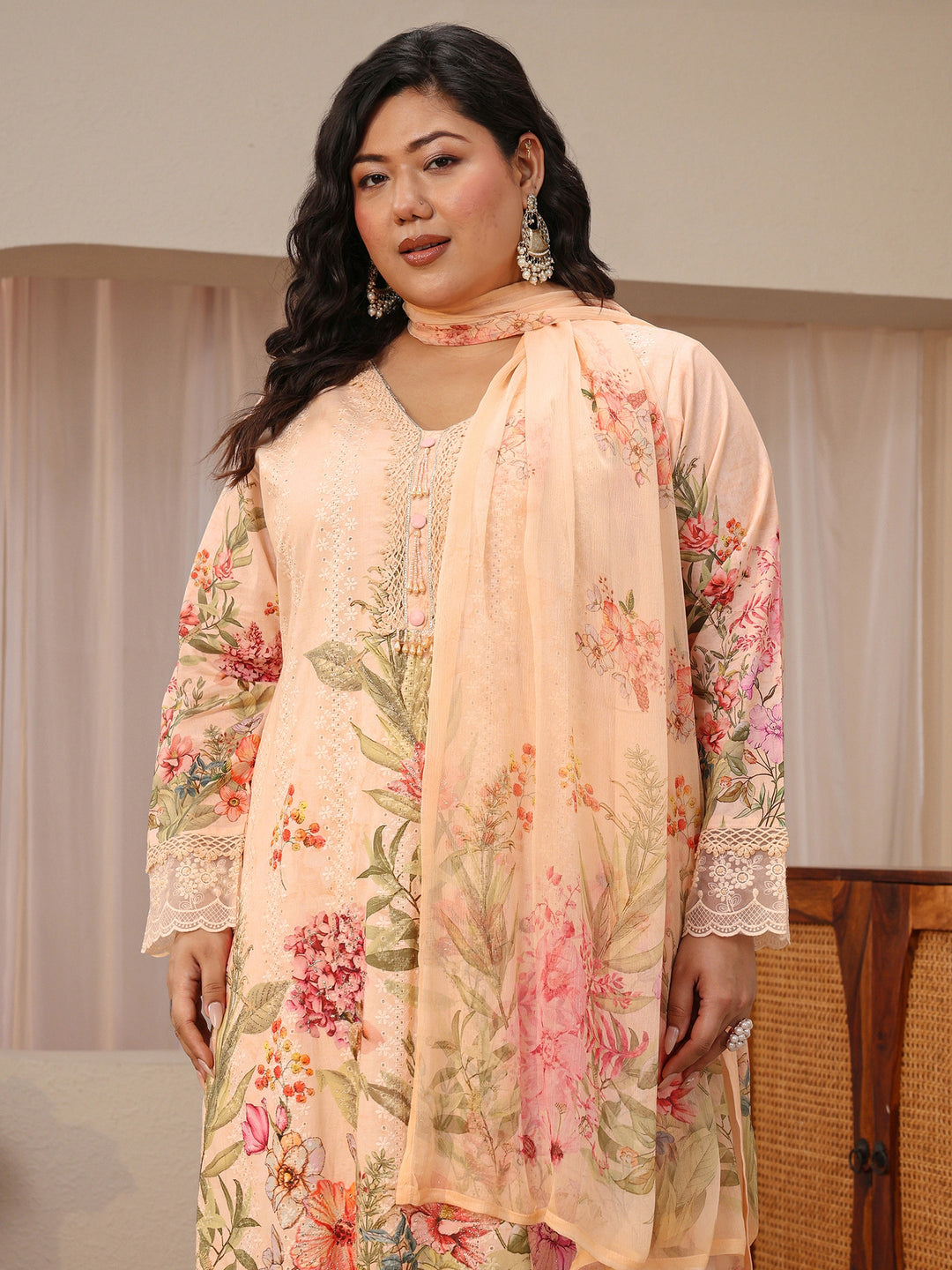 Plus Size Blush Peach Floral Print Cotton Straight Suit Set 