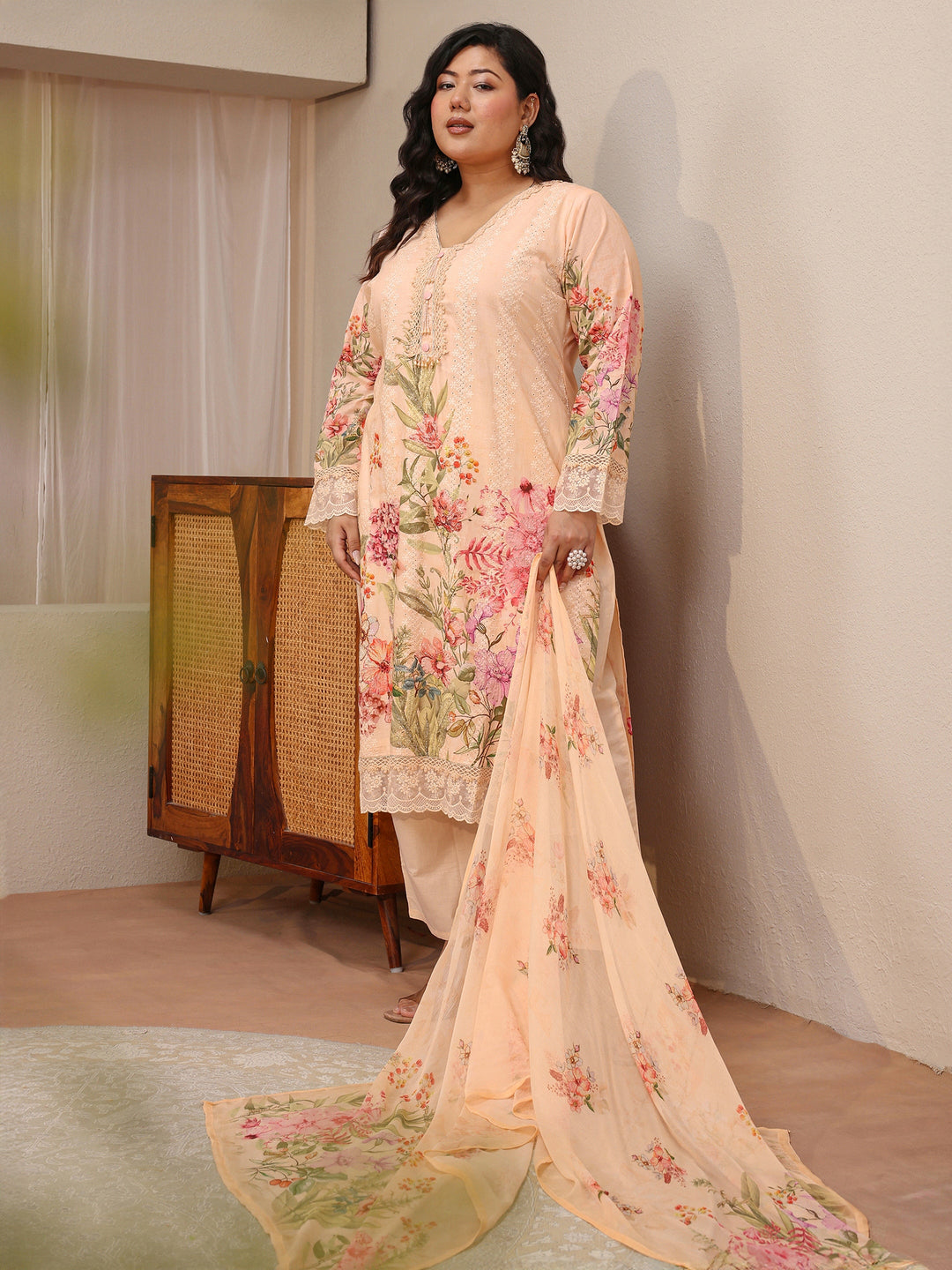  Plus Size Blush Peach Floral Print Cotton Straight Suit Set 