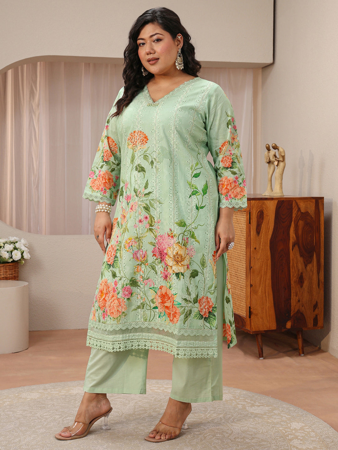  Plus Size Mint Green Floral Print Cotton Straight Suit Set 