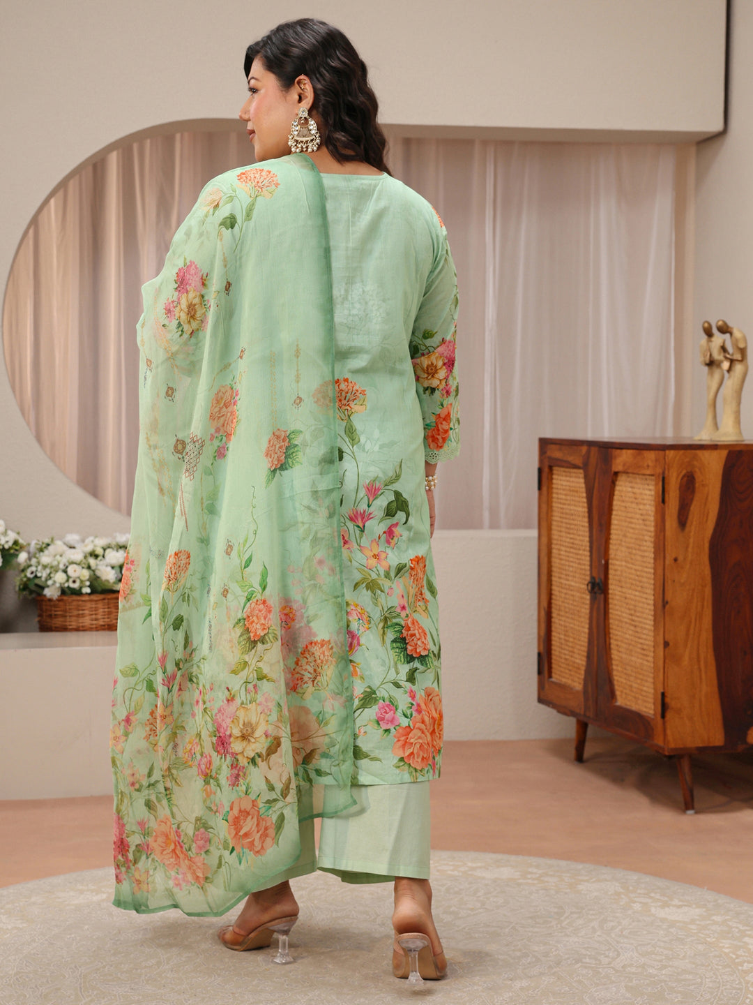  Plus Size Mint Green Floral Print Cotton Straight Suit Set 