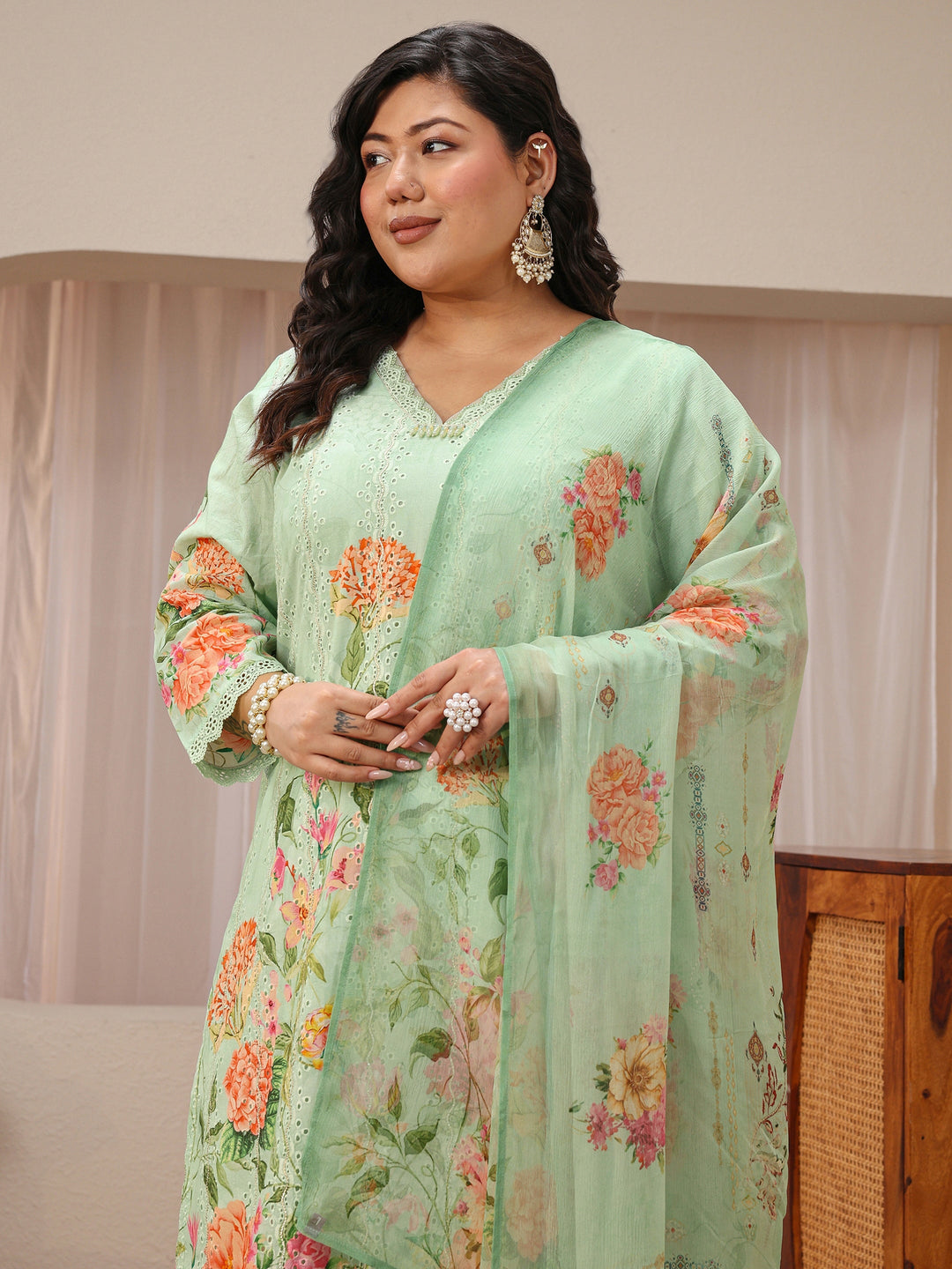  Plus Size Mint Green Floral Print Cotton Straight Suit Set 