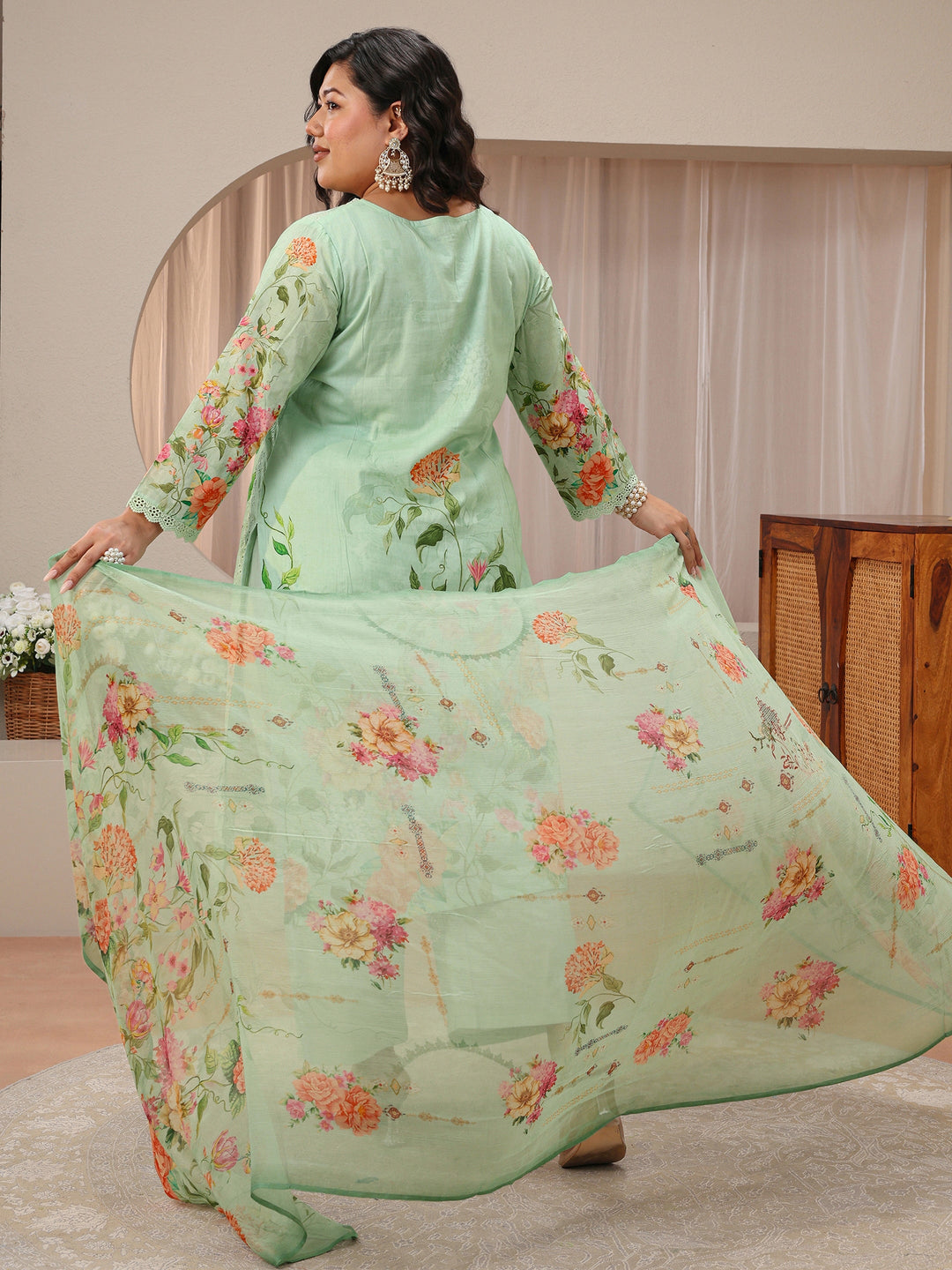 Plus Size Mint Green Floral Print Cotton Straight Suit Set 