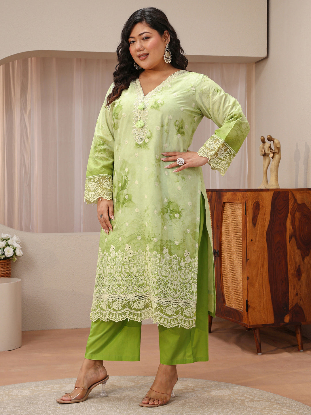  Plus Size Pastel Green Schiffli Embroidered Cotton Suit Set 
