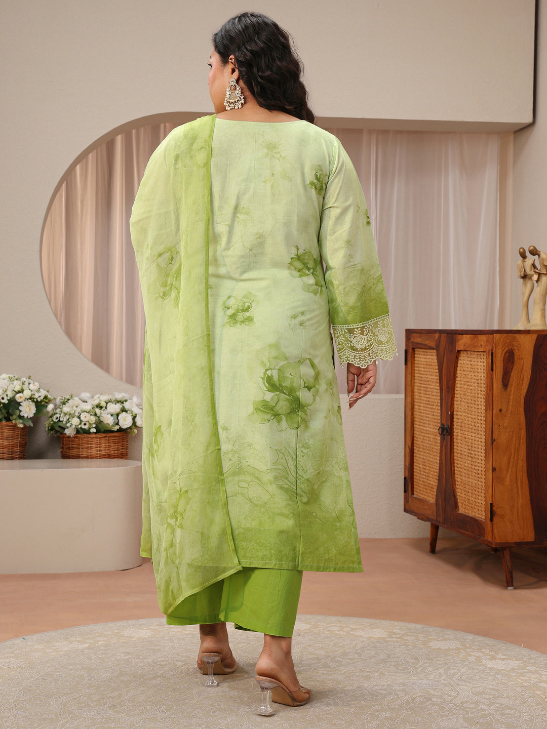  Plus Size Pastel Green Schiffli Embroidered Cotton Suit Set 