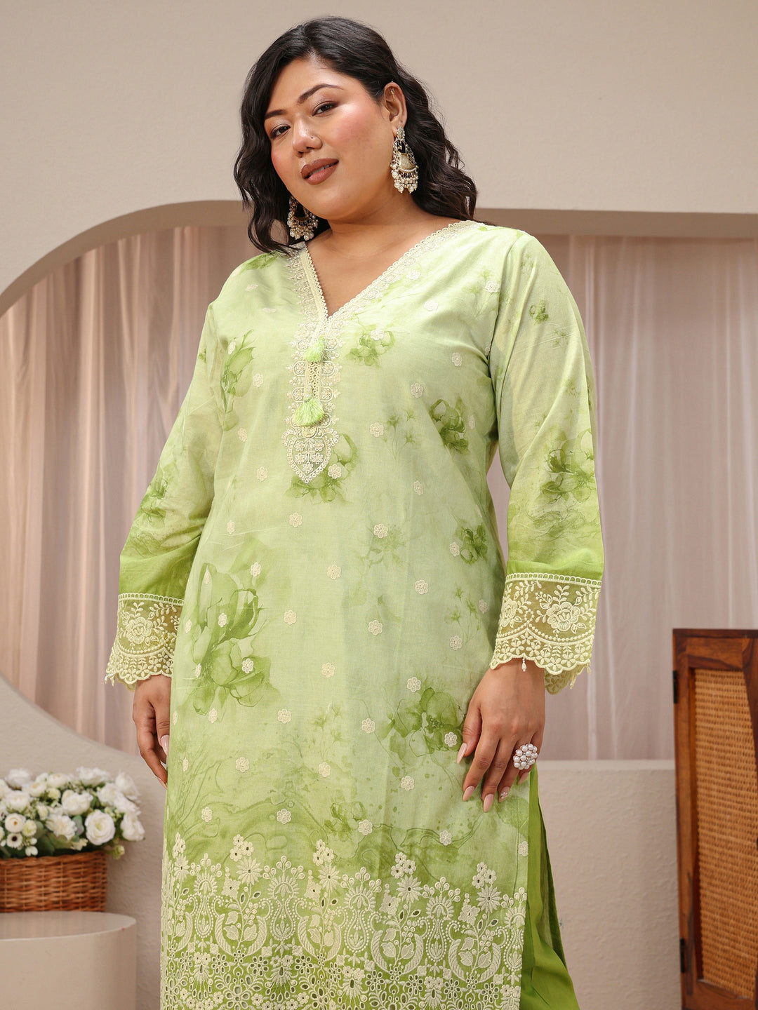  Plus Size Pastel Green Schiffli Embroidered Cotton Suit Set 