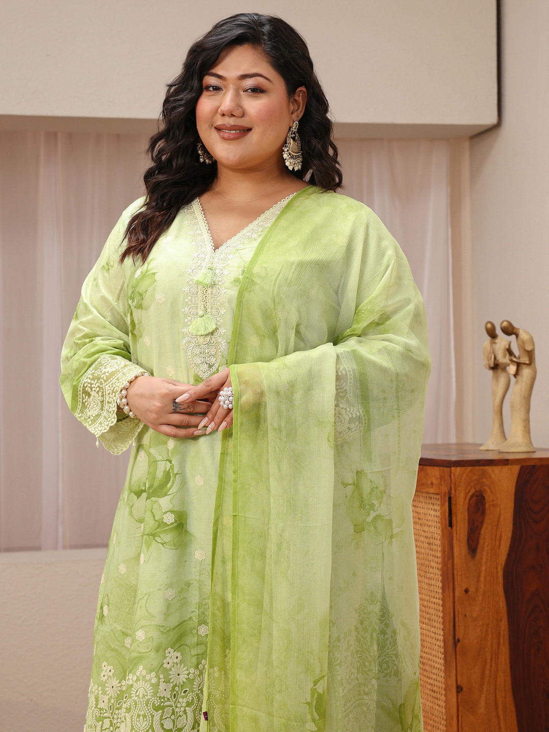  Plus Size Pastel Green Schiffli Embroidered Cotton Suit Set 
