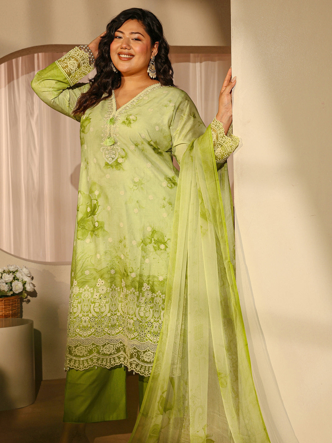  Plus Size Pastel Green Schiffli Embroidered Cotton Suit Set 