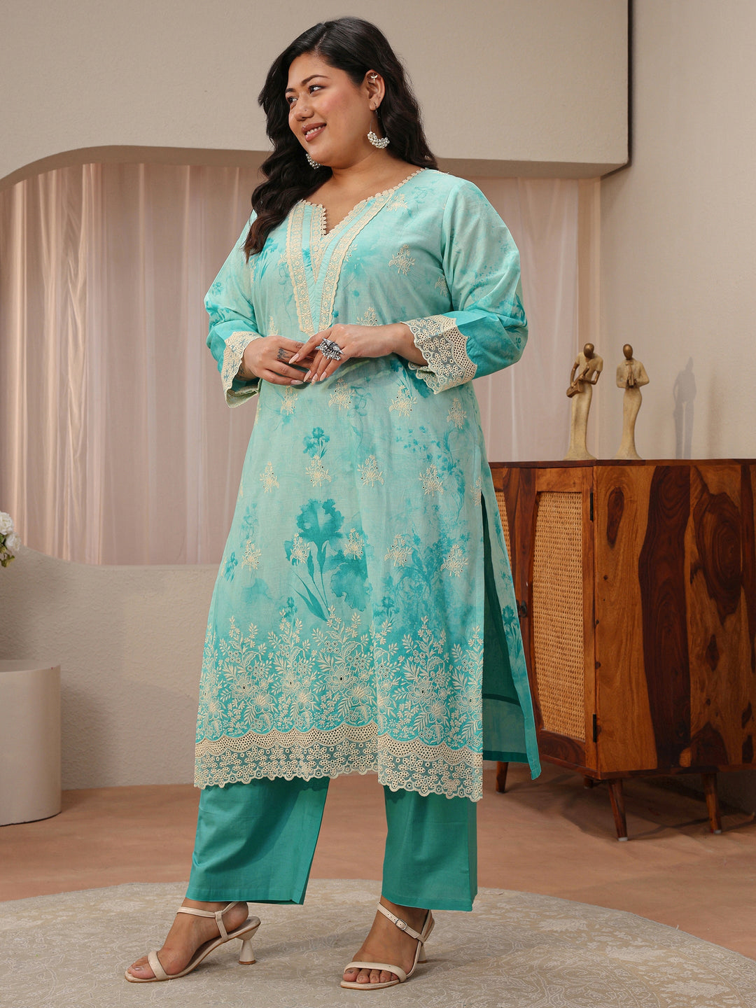  Plus Size Sky Blue Schiffli Embroidered Cotton Suit Set 