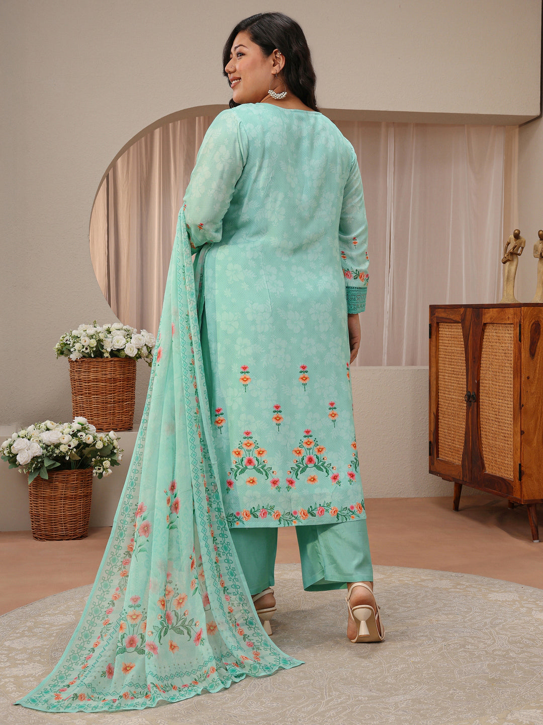  Plus Size Sky Blue Floral Print Silk Blend Straight Suit Set 
