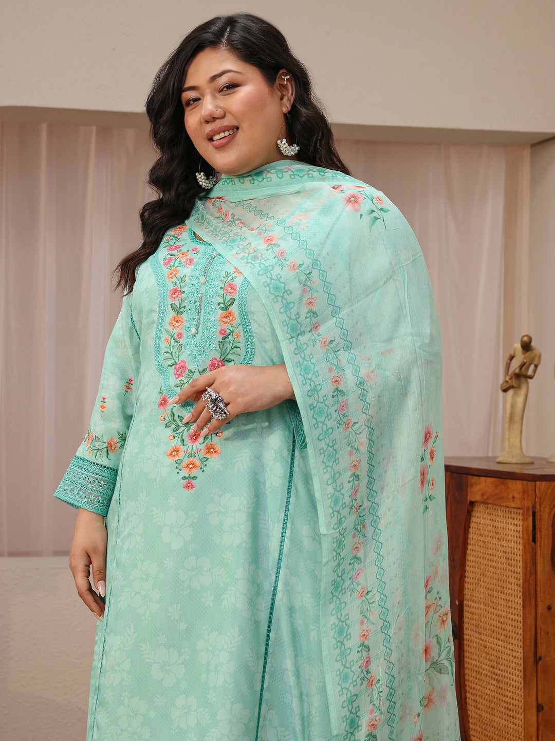 Plus Size Sky Blue Floral Print Silk Blend Straight Suit Set 