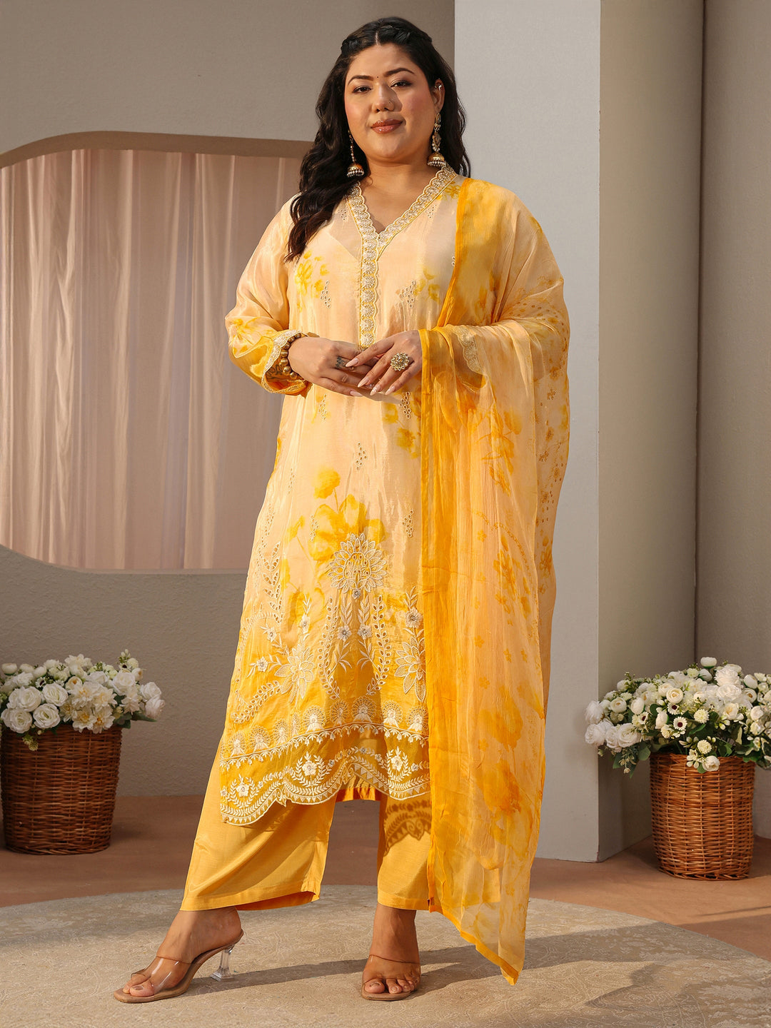  Plus Size Yellow Sciffli Embroidered Silk Blend Suit Set 