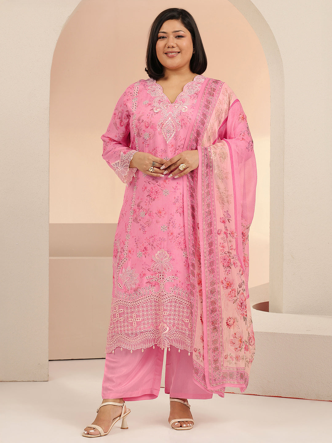  Plus Size Pink Floral Printed Silk Blend Straight Suit Set 