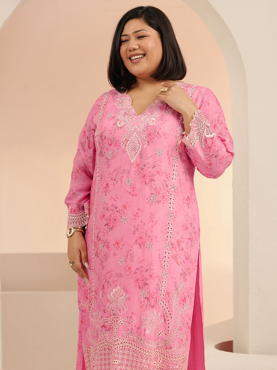  Plus Size Pink Floral Printed Silk Blend Straight Suit Set 