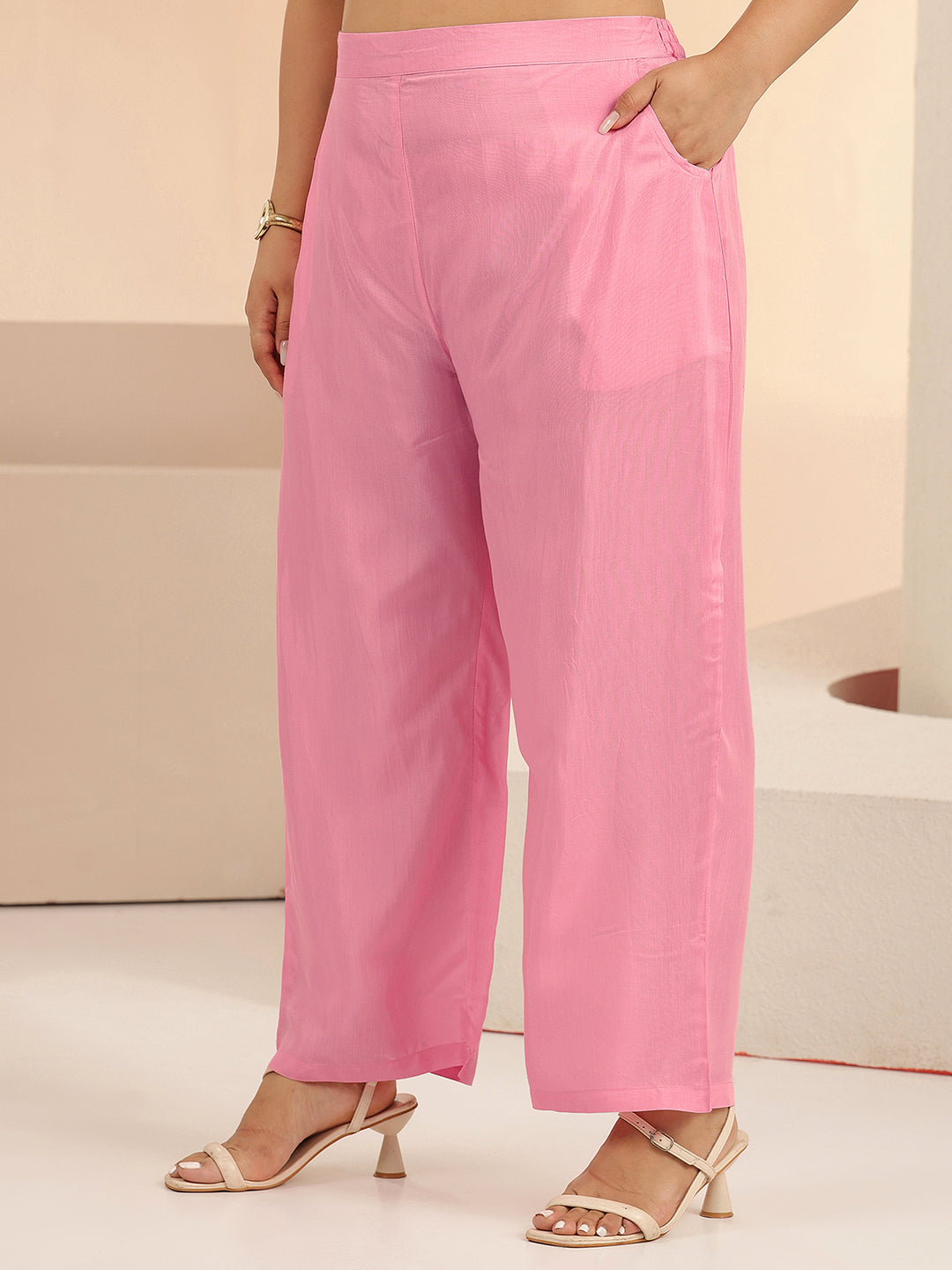  Plus Size Pink Floral Printed Silk Blend Straight Suit Set 