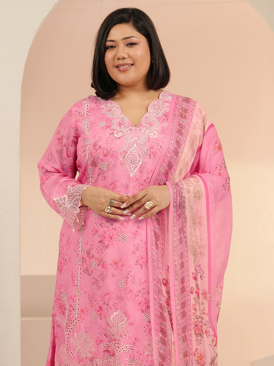  Plus Size Pink Floral Printed Silk Blend Straight Suit Set 