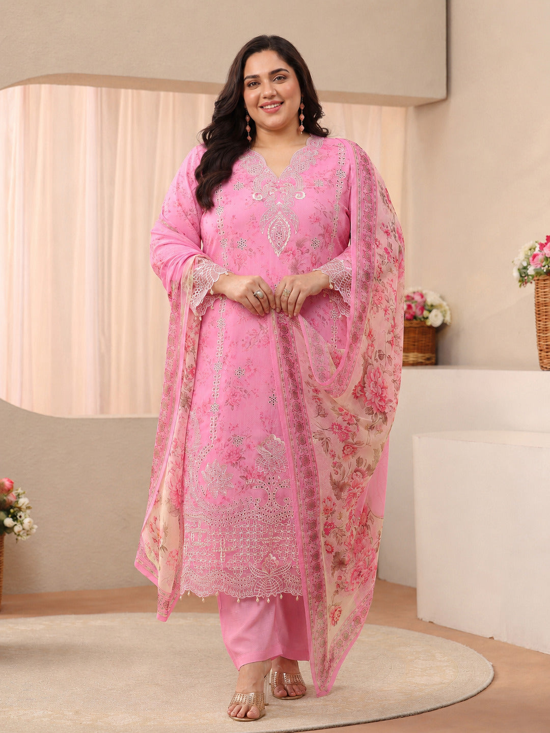  Plus Size Pink Floral Printed Silk Blend Straight Suit Set 
