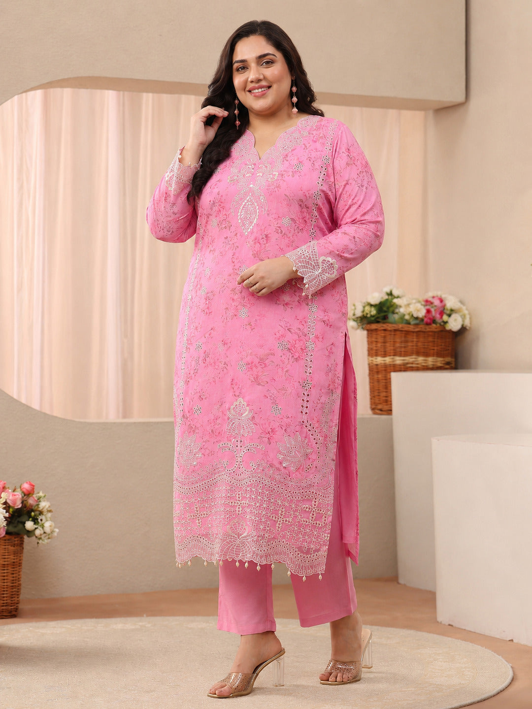  Plus Size Pink Floral Printed Silk Blend Straight Suit Set 