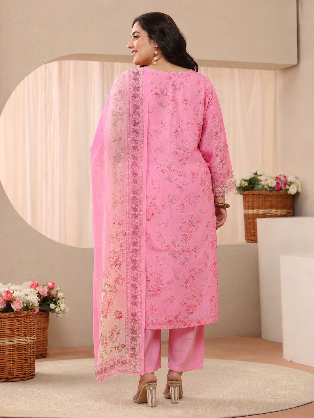  Plus Size Pink Floral Printed Silk Blend Straight Suit Set 