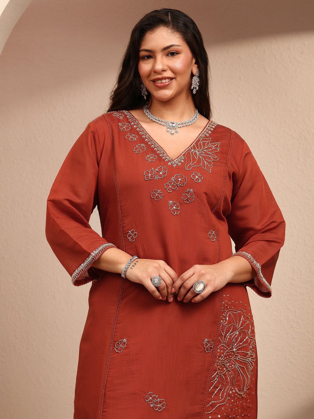 Plus Size Rust Embroidered Plus Size Clothing Silk Blend Straight Suit Set With Dupatta 