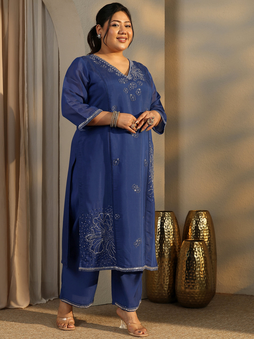  Plus Size Blue Embroidered Silk Blend Straight Suit Set With Dupatta 