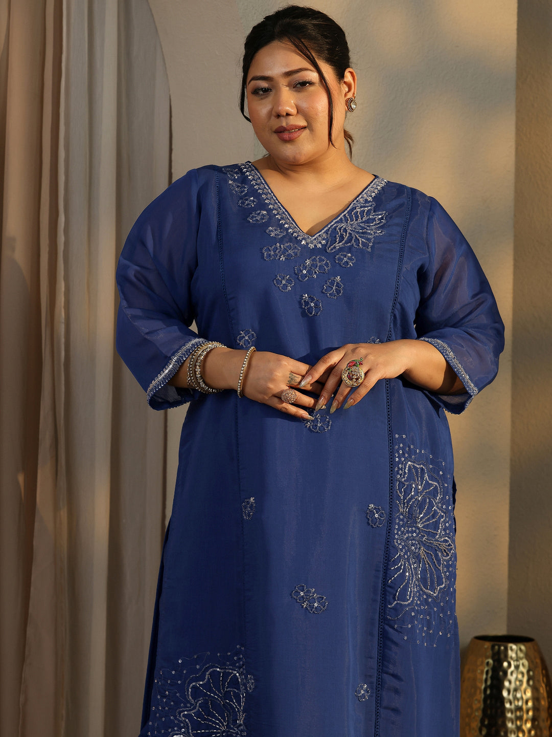  Plus Size Blue Embroidered Silk Blend Straight Suit Set With Dupatta 