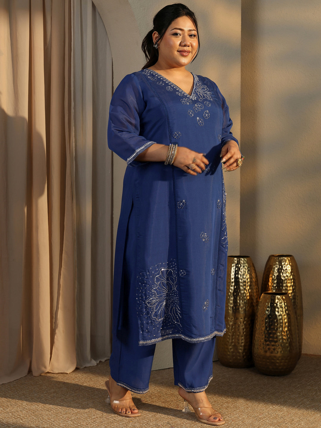  Plus Size Blue Embroidered Silk Blend Straight Suit Set With Dupatta 