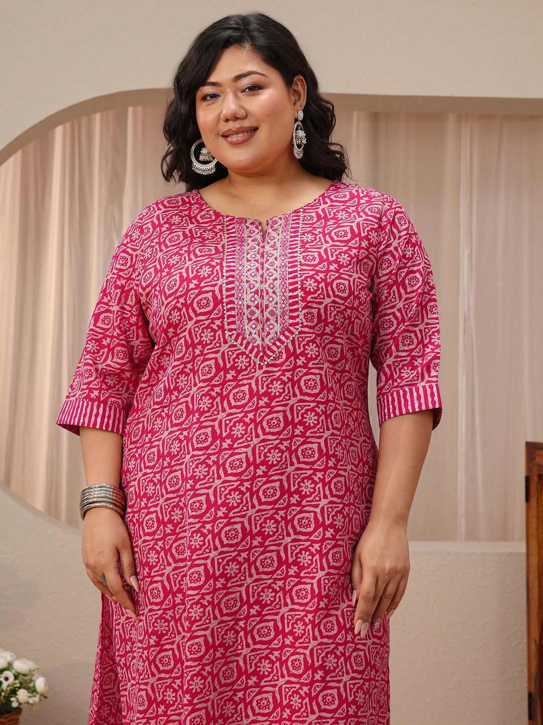  Plus Size Pink Geometric Print Cotton Blend Straight Suit Set 