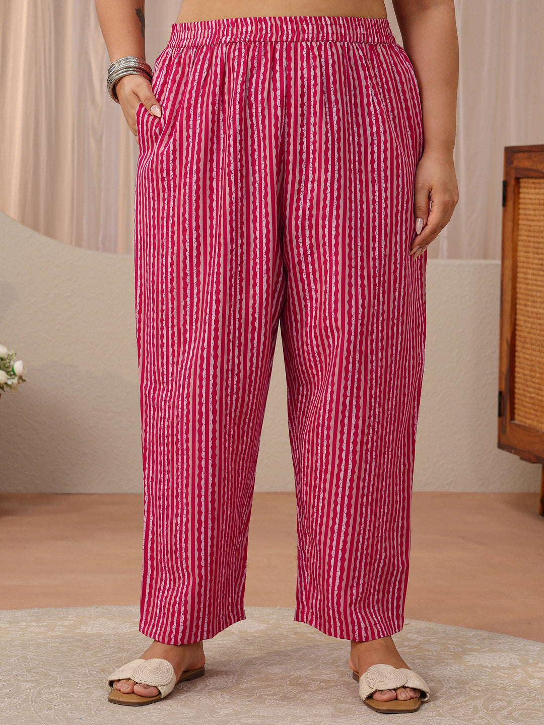  Plus Size Pink Geometric Print Cotton Blend Straight Suit Set 