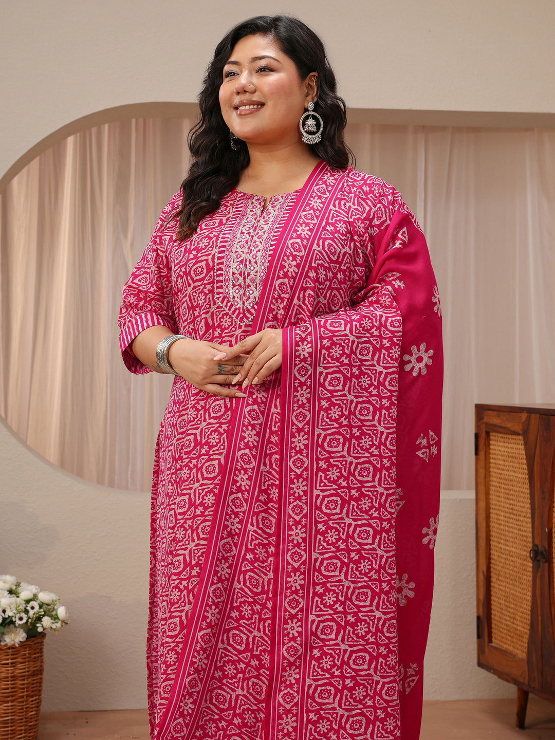  Plus Size Pink Geometric Print Cotton Blend Straight Suit Set 