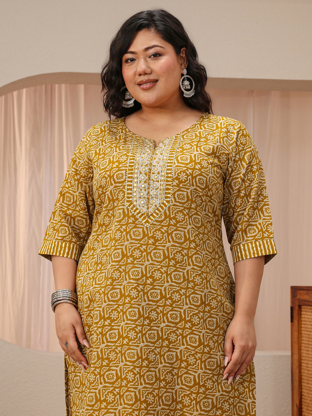  Plus Size Mustard Geometric Print Cotton Blend Straight Suit Set 