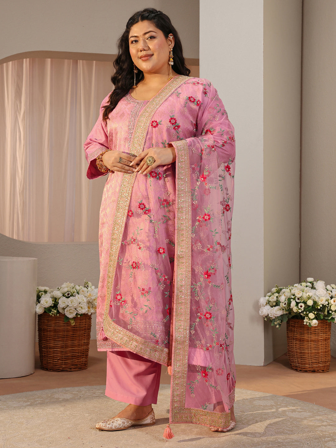  Plus Size Pink Ethnic Woven Design Silk Blend Straight Suit Set 