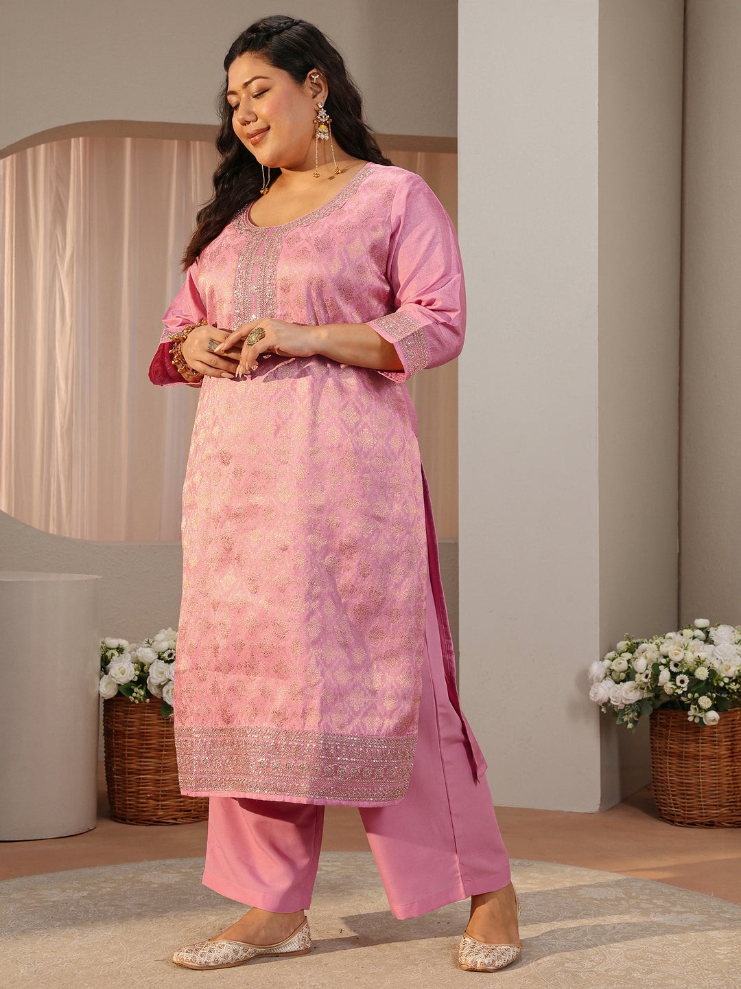  Plus Size Pink Ethnic Woven Design Silk Blend Straight Suit Set 