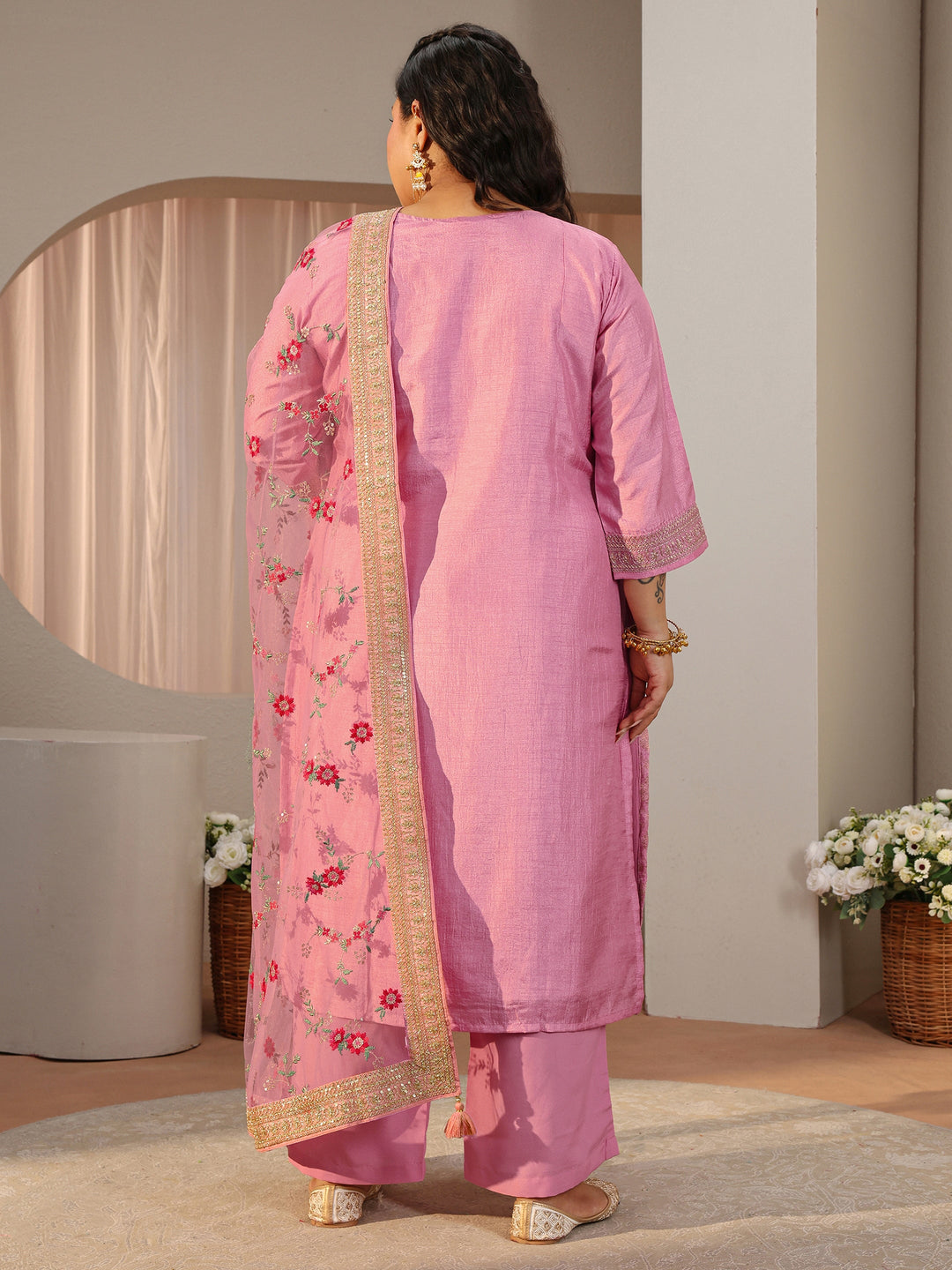  Plus Size Pink Ethnic Woven Design Silk Blend Straight Suit Set 