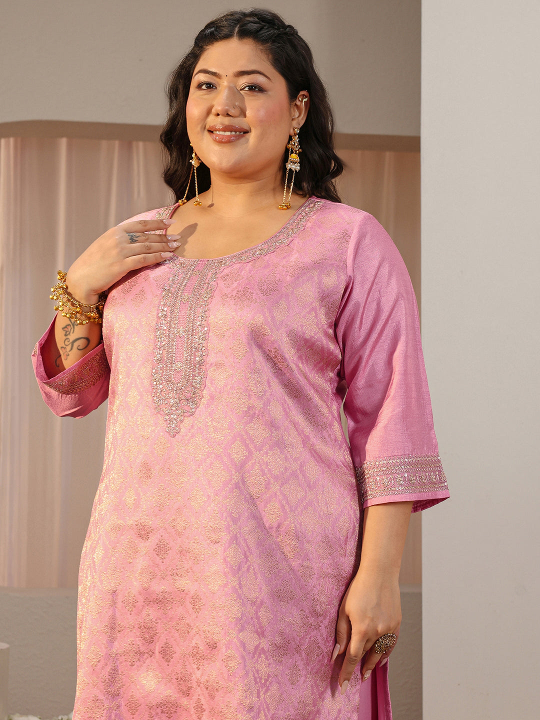  Plus Size Pink Ethnic Woven Design Silk Blend Straight Suit Set 