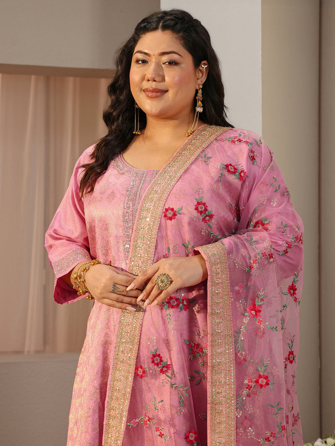  Plus Size Pink Ethnic Woven Design Silk Blend Straight Suit Set 