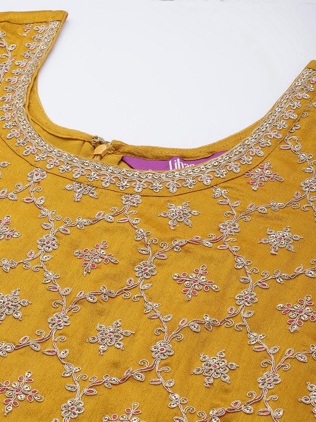  Plus Size Mustard Embellished Silk Blend Straight Suit Set 