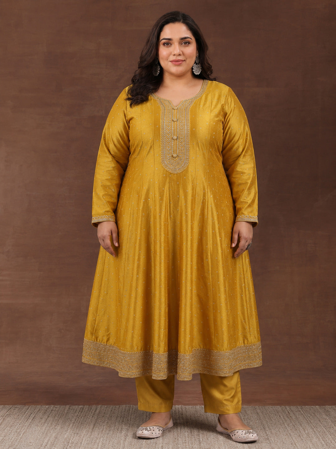  Plus Size Mustard Floral Embroidered Silk Blend A-Line Suit Set 