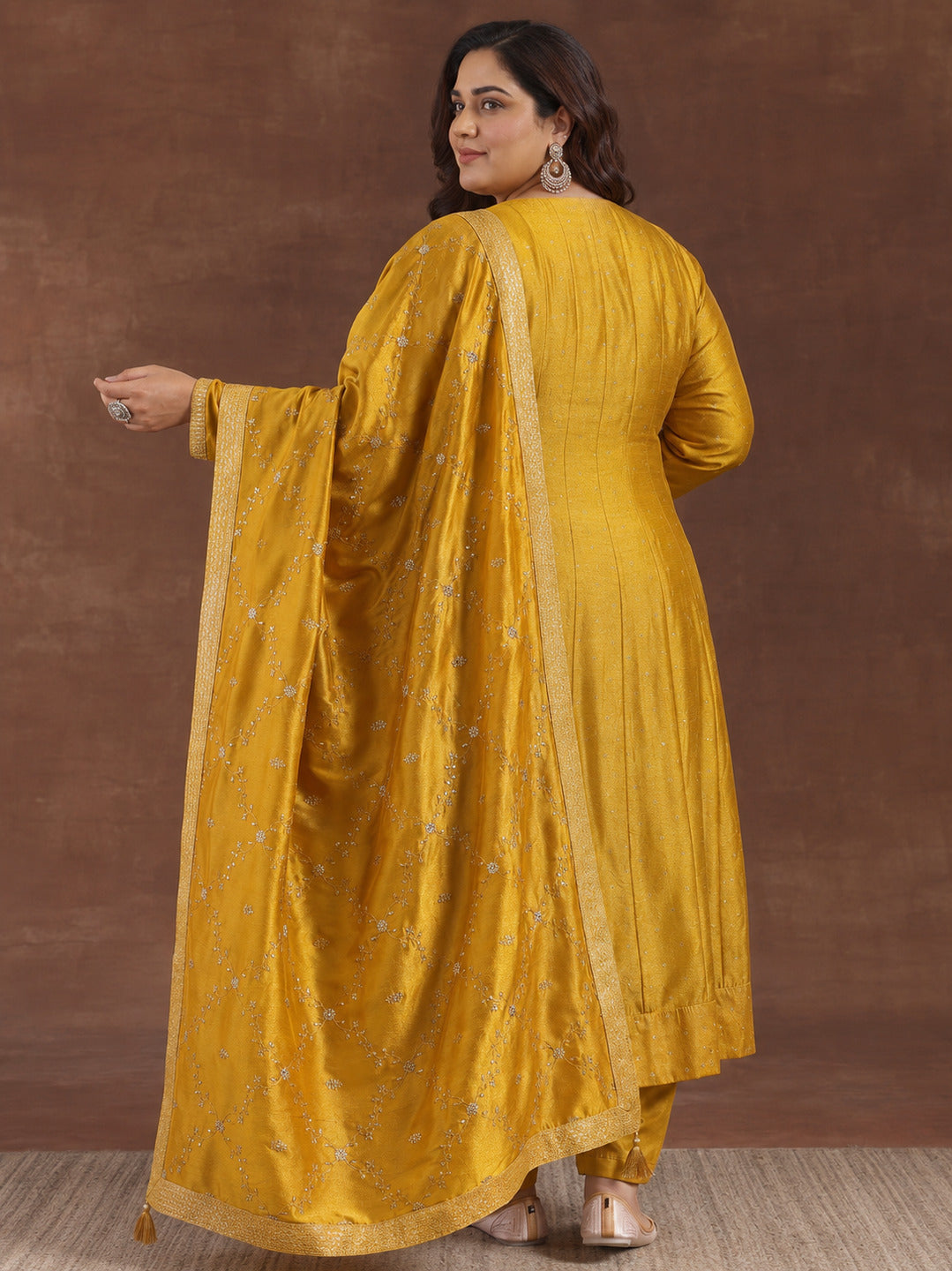  Plus Size Mustard Floral Embroidered Silk Blend A-Line Suit Set 