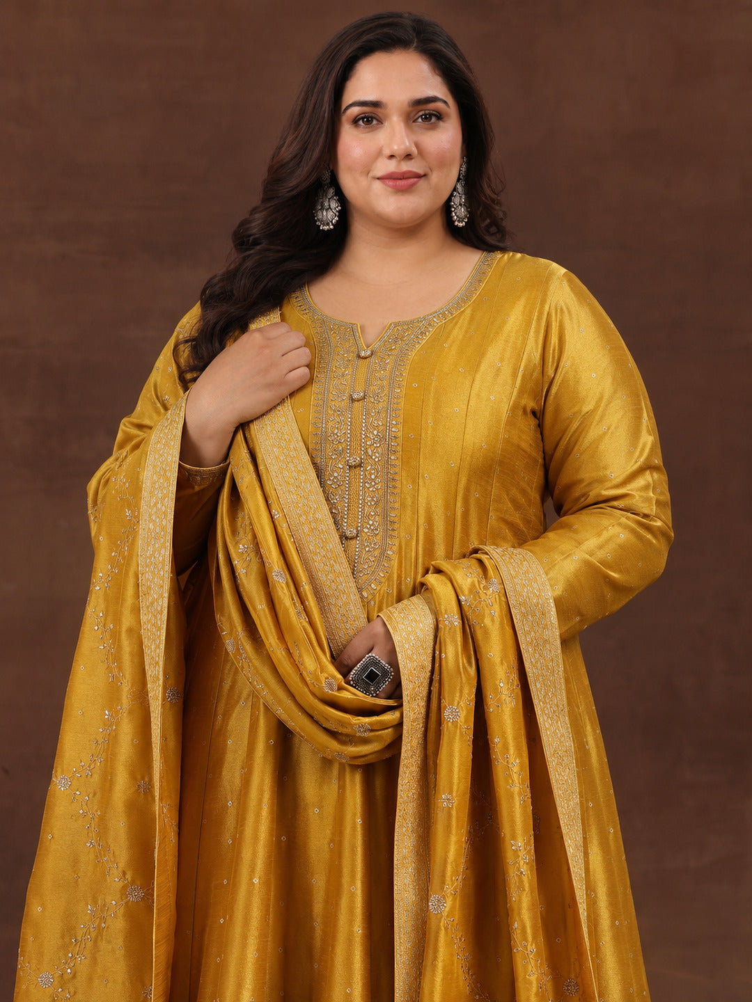  Plus Size Mustard Floral Embroidered Silk Blend A-Line Suit Set 
