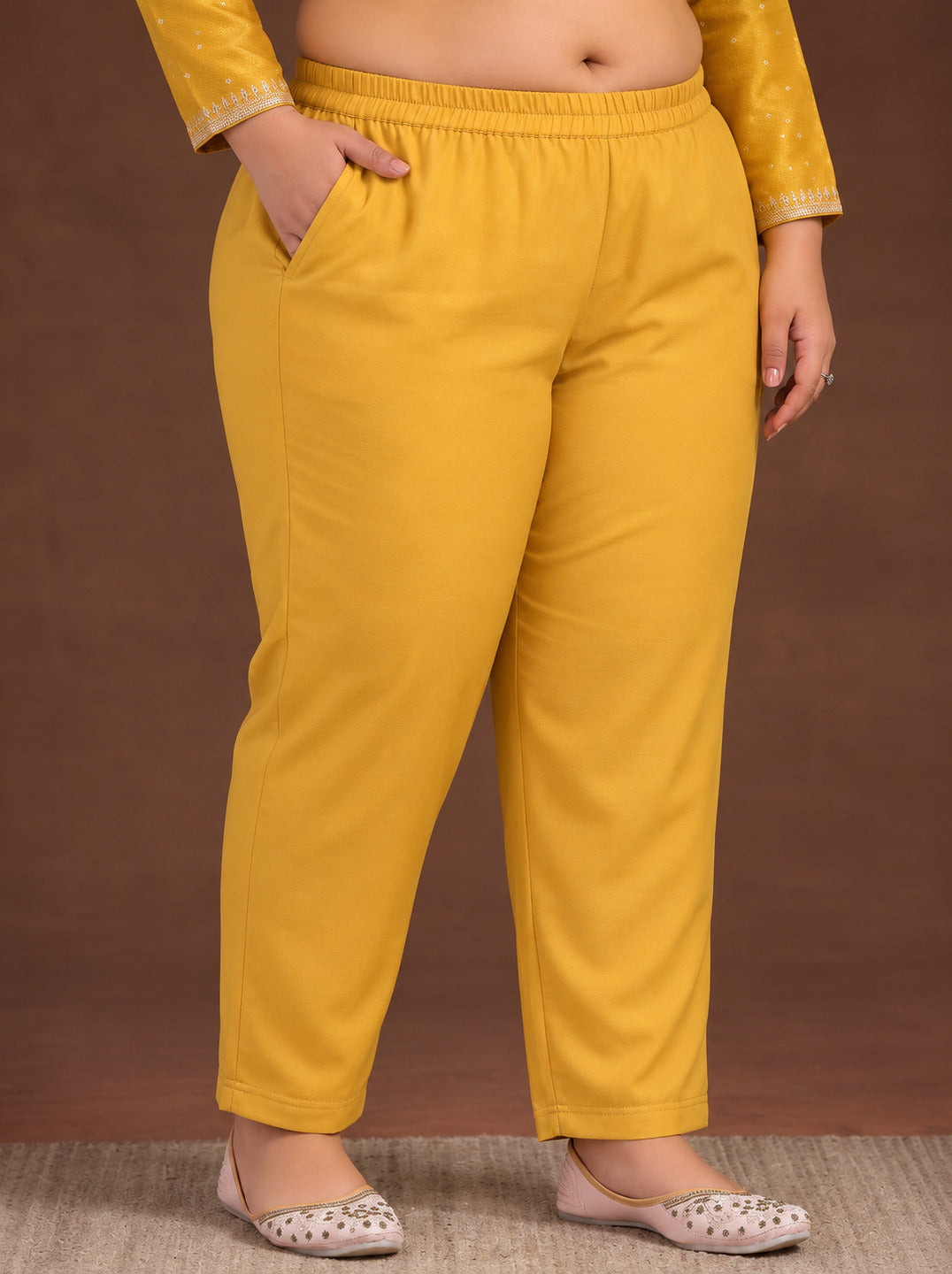  Plus Size Mustard Floral Embroidered Silk Blend A-Line Suit Set 