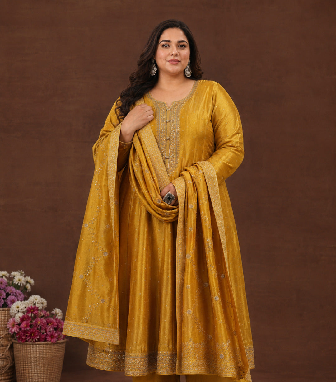  Plus Size Mustard Floral Embroidered Silk Blend A-Line Suit Set 